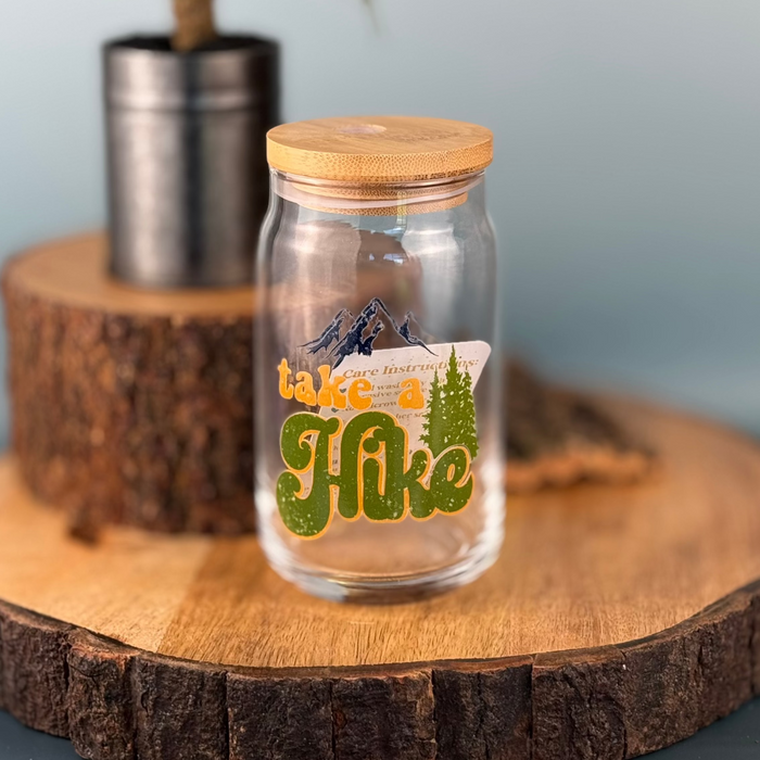 HandCrofted Take A Hike Clear Glass Can