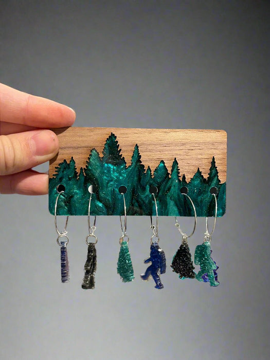 HandCrofted Squatch and Trees Acrylic Wine Charm Set