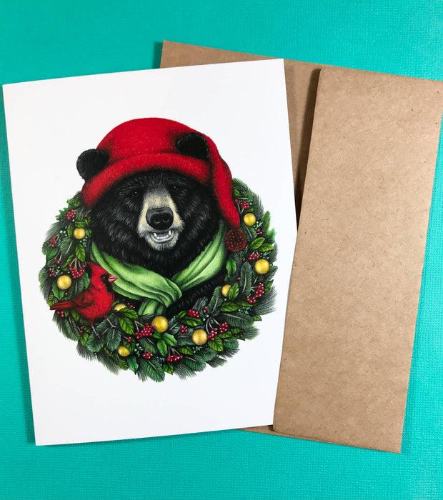 Abundance Illustration - A2 size wreath bear holiday card (blank inside)