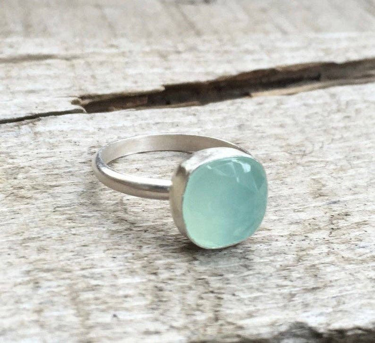 Gilded Bug Jewelry - Romantic Cushion Cut Aqua Ocean Blue Chalcedony Boho Ring in Sterling Silver