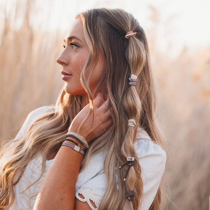 K'lani hair tie bracelets - "Faith" Warm Neutrals with Gold Cross Hair Tie Bracelets