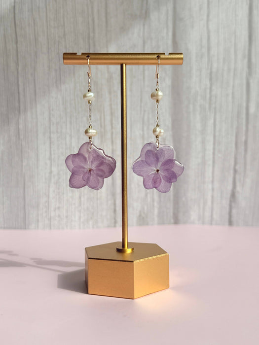 Indigo & Lily Co. - Pressed Hydrangea Earrings with Freshwater Pearls, 14k gf