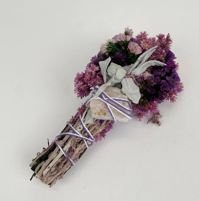 Andaluca - 6" Pink & Purple Floral Smudge Wand w/ Sage & Quartz Crystal