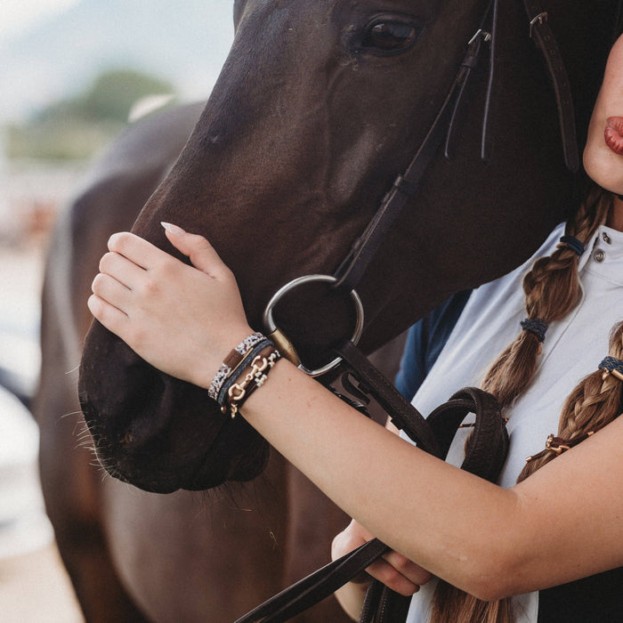 K'lani hair tie bracelets - "Gallop" Horse & Bit Equestrian Accents in Rich Brown & Blue Hair Tie Bracelets