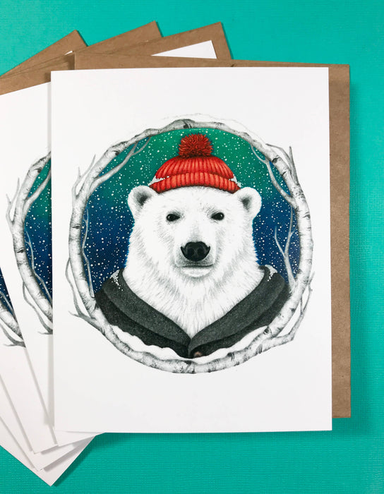 Abundance Illustration - A2 size Polar Bear in a beanie greeting card (blank inside)