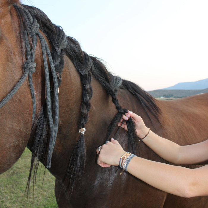 K'lani hair tie bracelets - "Gallop" Horse & Bit Equestrian Accents in Rich Brown & Blue Hair Tie Bracelets