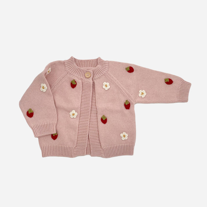 The Blueberry Hill - Cotton Strawberry Flower Cardigan Blush Baby Sweater Clothes