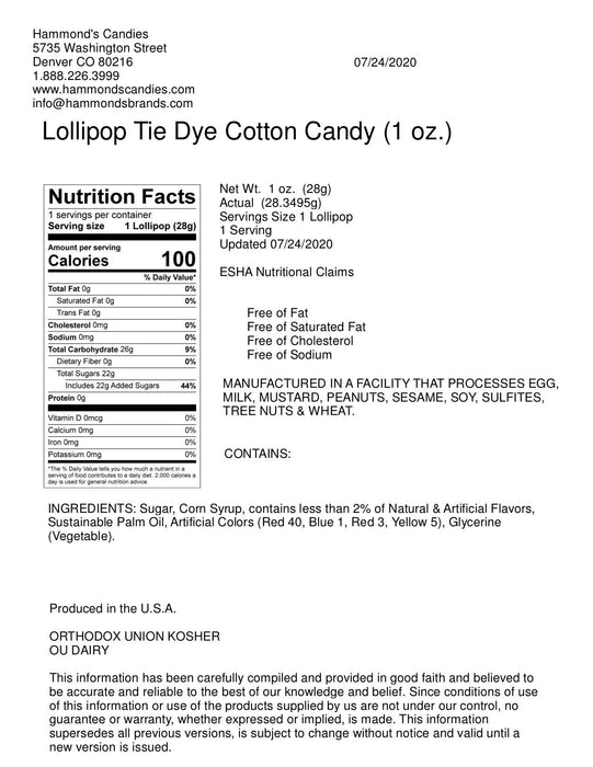 Hammond's Candies / Lolli & Pops - Handmade Lollipop - Tie Dye Cotton Candy - 1 oz