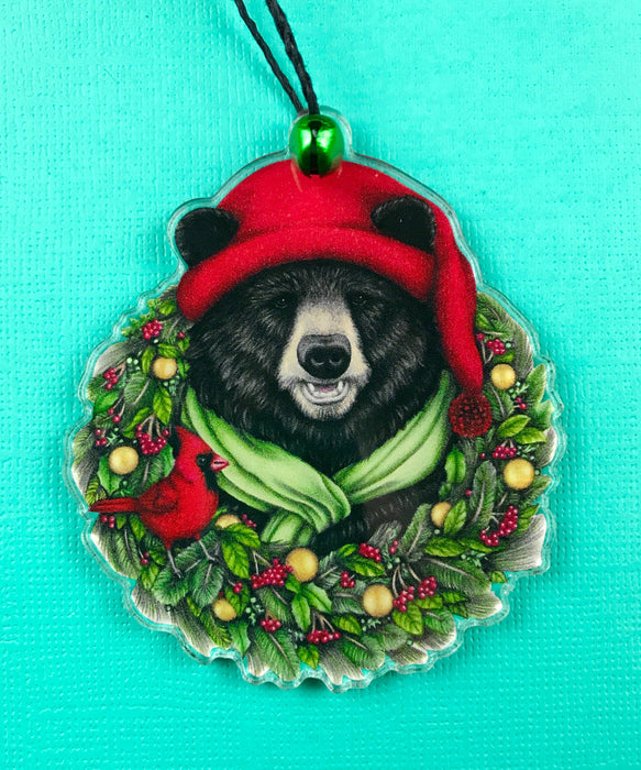 Abundance Illustration - Holiday ornament bear with wreath and green bell