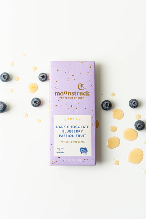 Moonstruck Chocolate Co - Fruity  
Dark Chocolate Blueberry Passion Fruit Bar