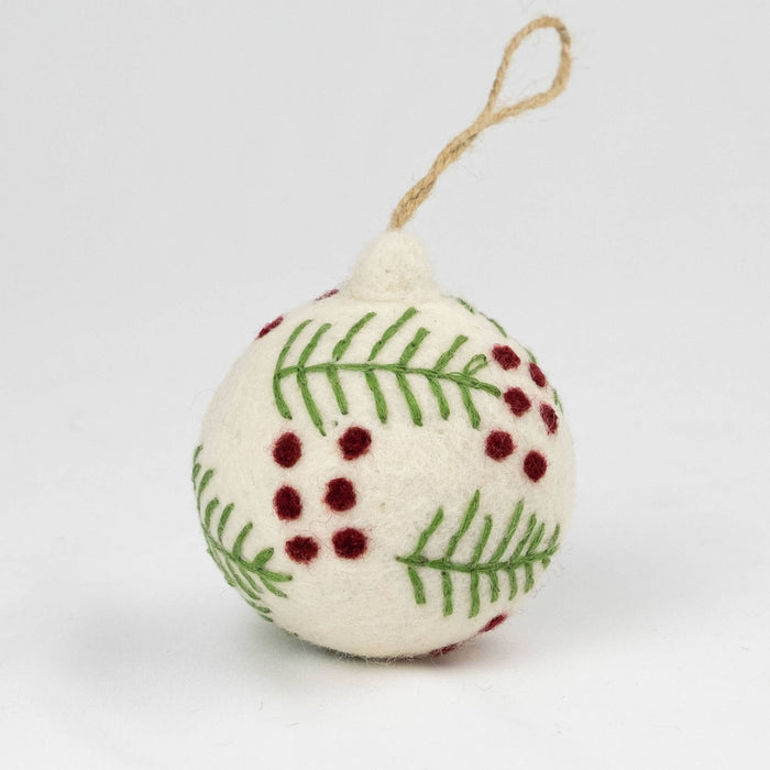 The Winding Road - Holiday Felt Ball Ornament Hand Embroidered White Assorted