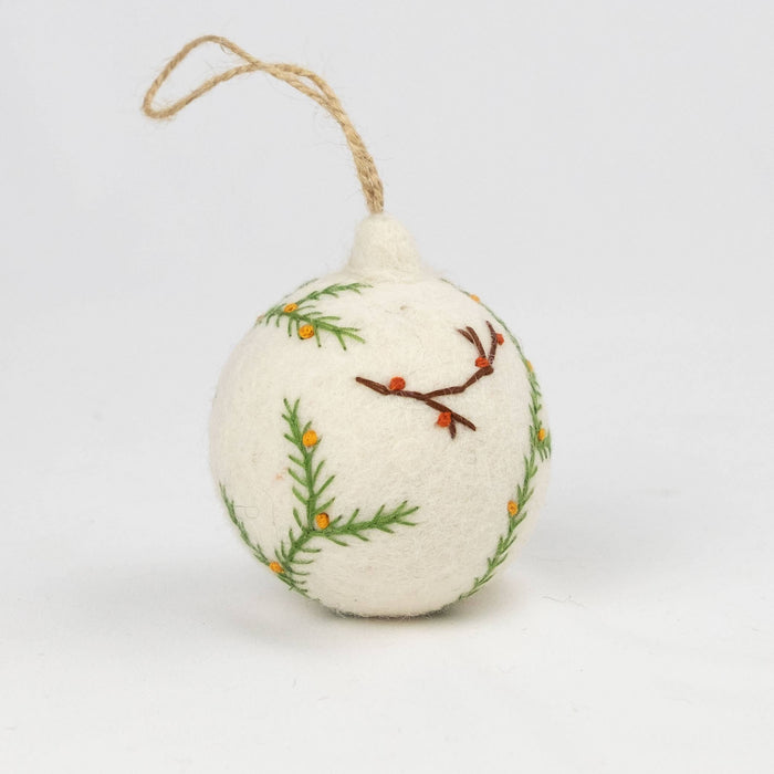 The Winding Road - Holiday Felt Ball Ornament Hand Embroidered White Assorted