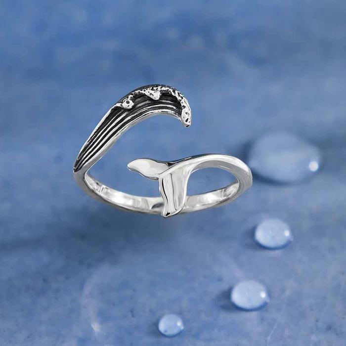 Nina Designs - Sterling Silver Adjustable Wave and Whale Tail Ring