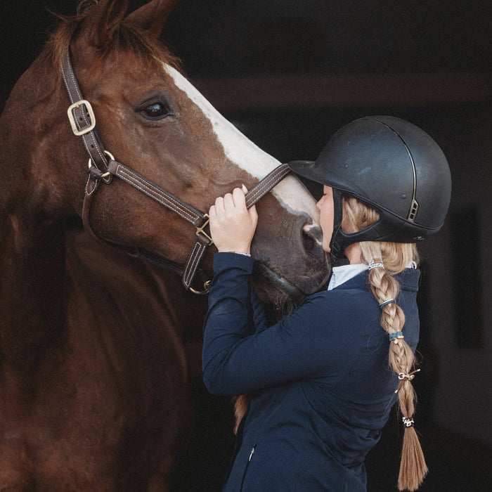 K'lani hair tie bracelets - "Gallop" Horse & Bit Equestrian Accents in Rich Brown & Blue Hair Tie Bracelets