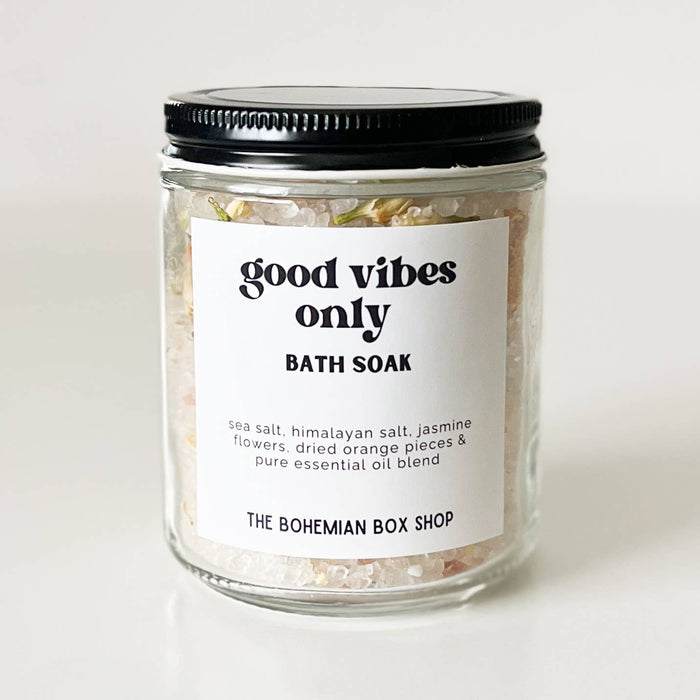 The Bohemian Box Shop - Good Vibes Only Bath Soak - 8oz Glass Jar of Bath Salts