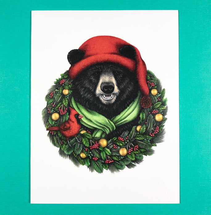 Abundance Illustration - A2 size wreath bear holiday card (blank inside)