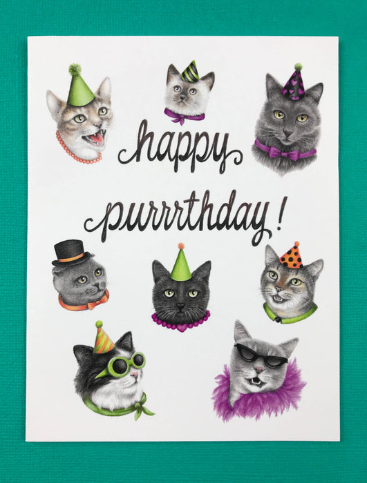 Abundance Illustration - A2 size Happy Purrrthday! cat card, printed in US