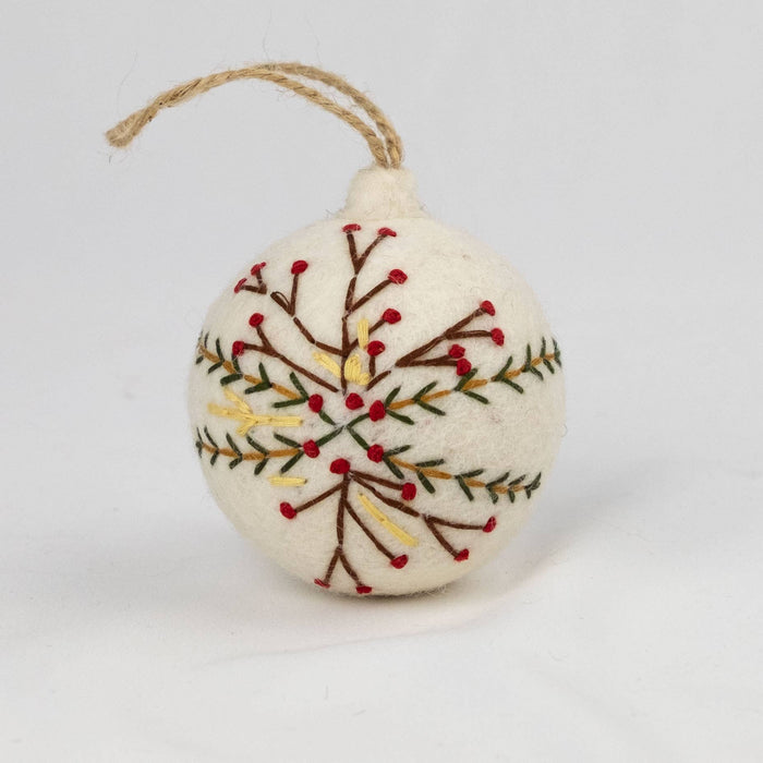 The Winding Road - Holiday Felt Ball Ornament Hand Embroidered White Assorted