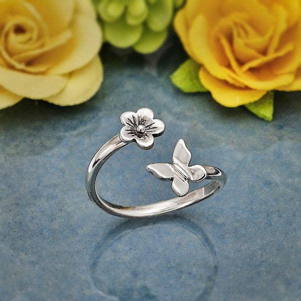 Nina Designs Silver Butterfly and Flower Adjustable Ring