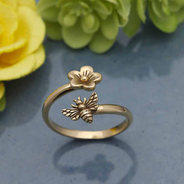 Nina Designs Bronze Bee and Cherry Blossom Adjustable Ring