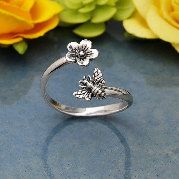Nina Designs Silver Bee and Cherry Blossom Adjustable Ring