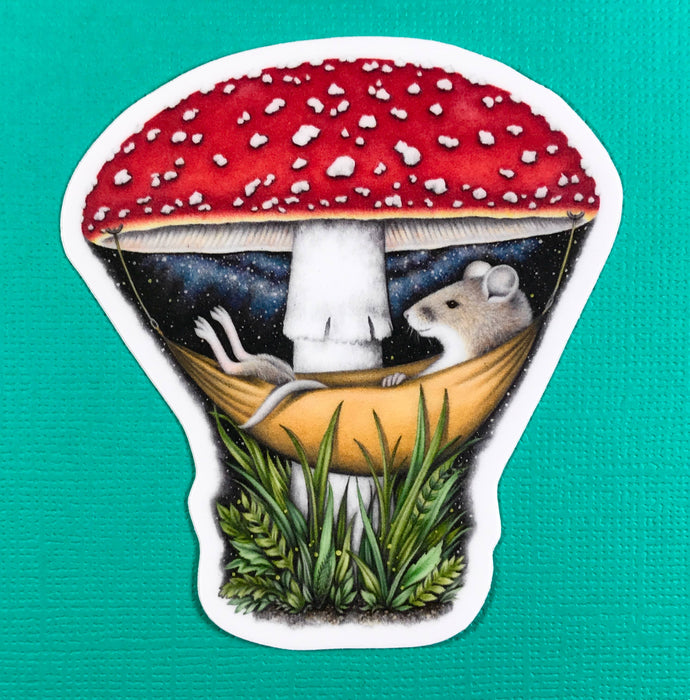 Abundance Illustration Mouse in a mushroom hammock sticker