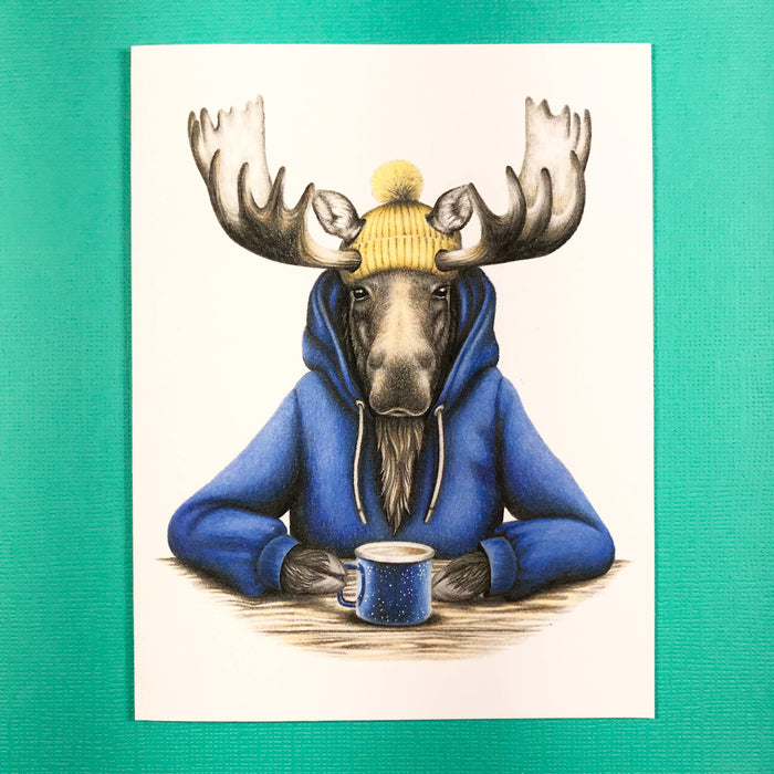 Abundance Illustration Hoodie moose with coffee greeting card -blank inside