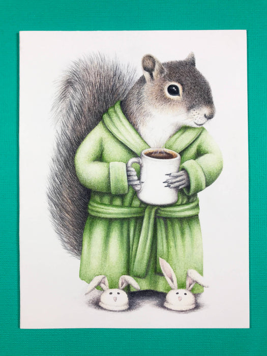 Abundance Illustration Squirrel with coffee greeting card (blank inside)