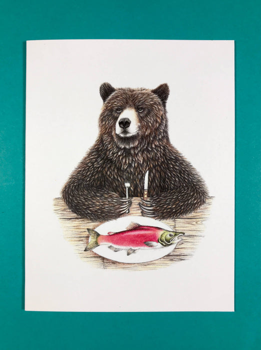 Abundance Illustration Bear with salmon greeting card (blank inside)